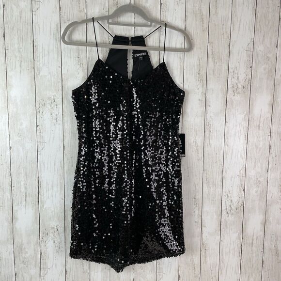 Express Cocktail Sequin Mini Cocktail Dress Sz Small Black Keyhole Back … - Picture 1 of 11